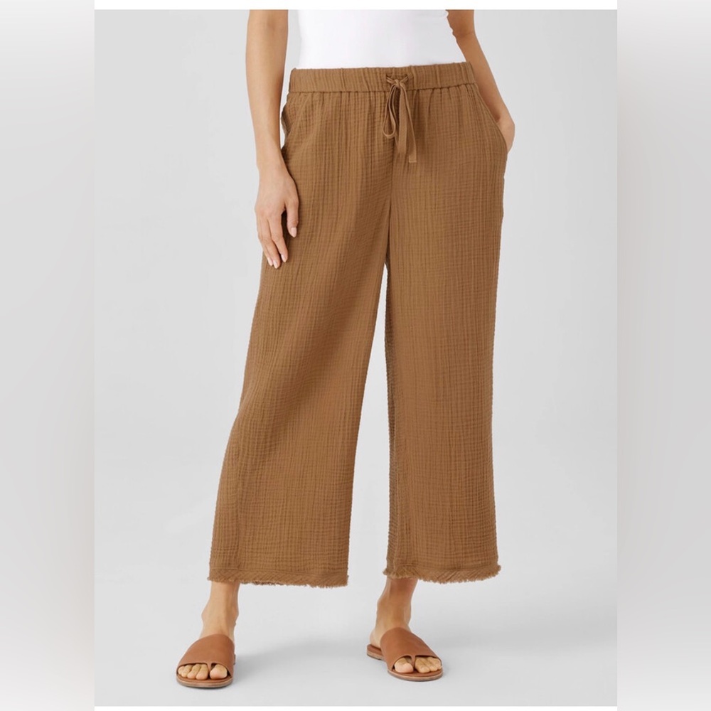 Eileen Fisher Organic Cotton Gauze Wide-Leg Pant size XS raw hem EUC